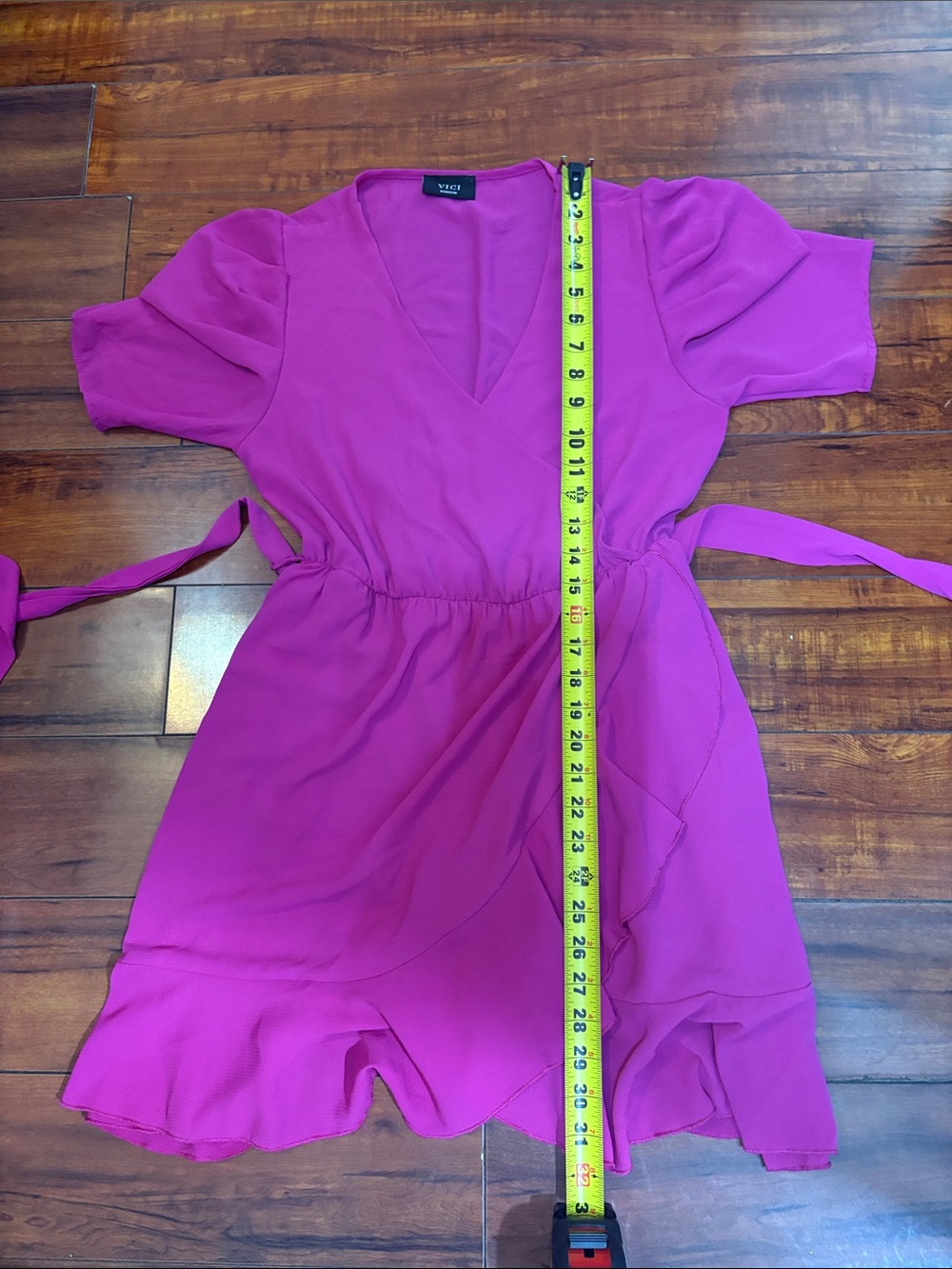 Vici Fuchsia Wrap Mini Dress with Puff Sleeves - Picture 12 of 12